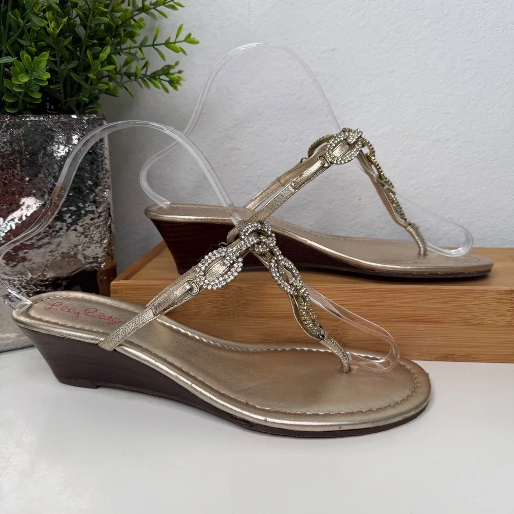 Lilly Pulitzer Wedge Sandals Womens Gold Rhinestone Chain Resort Glam Size 6
